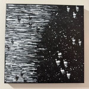 Swan Reflection Canvas Art - Black & White Acrylic